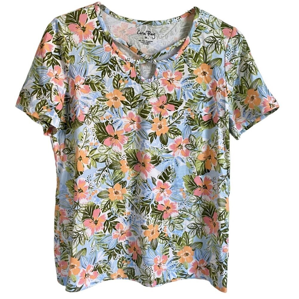 Coral Bay Floral Print Keyhole Neckline Short Sleeve Top Size Women's Med NEW